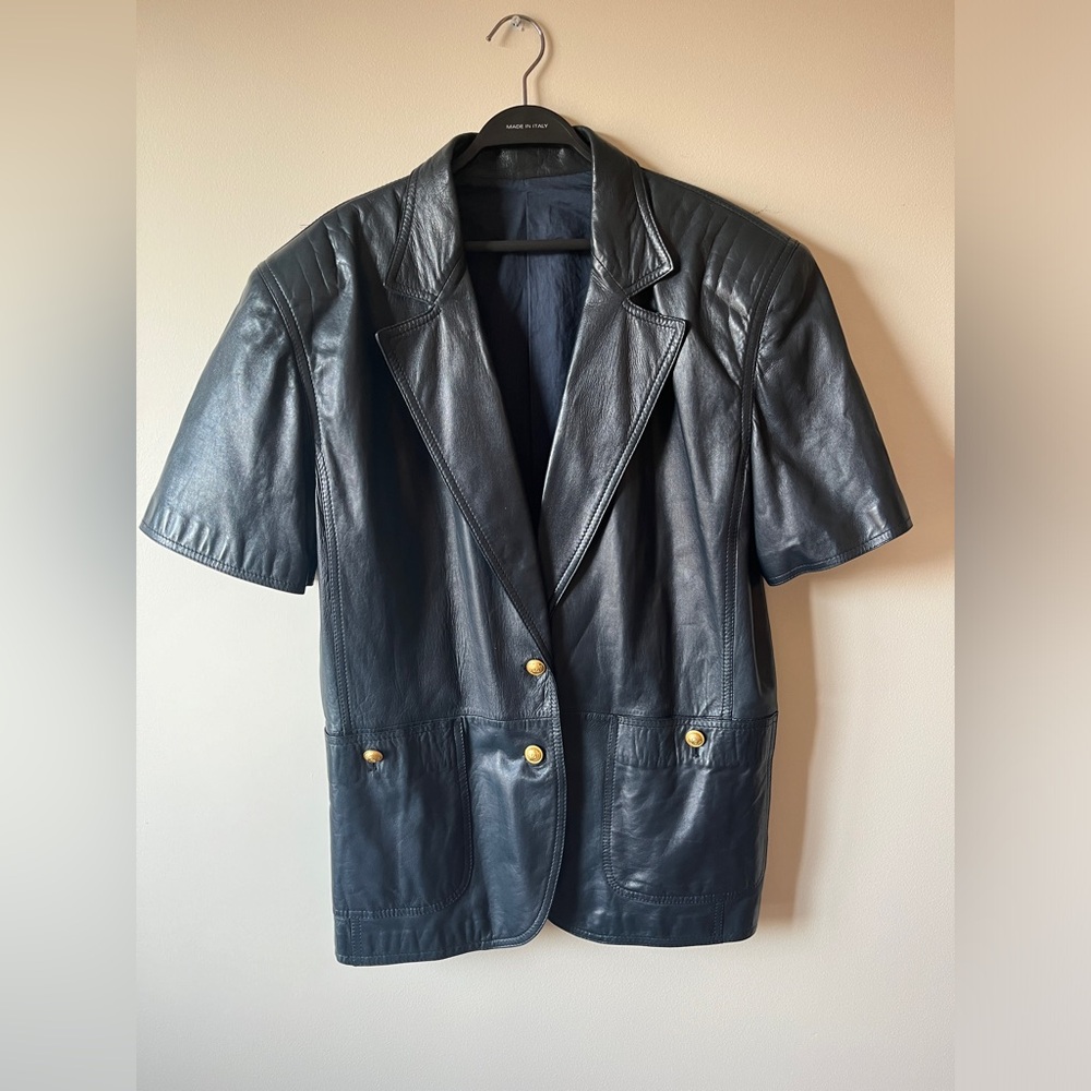 Vintage Valentino leather blazer with short sleeves Navy blue